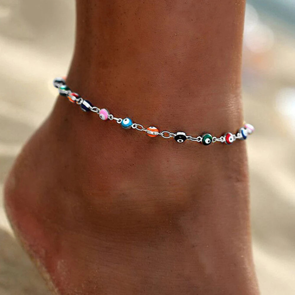 Bohemian Colorful Turkish Eyes Anklets Butterfly Flower Zircon Shell Cat Ankle Bracelet Summer Beach Foot Jewelry Gifts