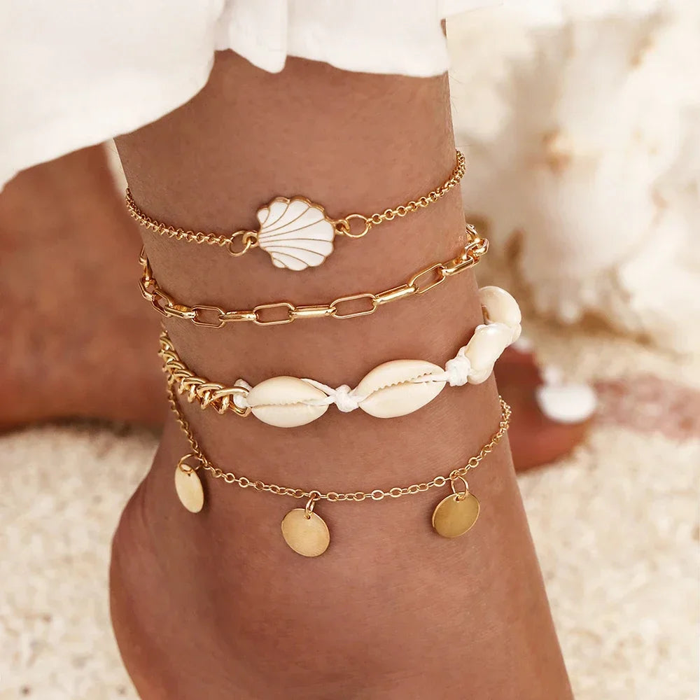 Bohemian Shell Chain Sequins Ankle Bracelet Sets for Women - 4pc Leg Foot Jewelry For Trendy Summer Beach