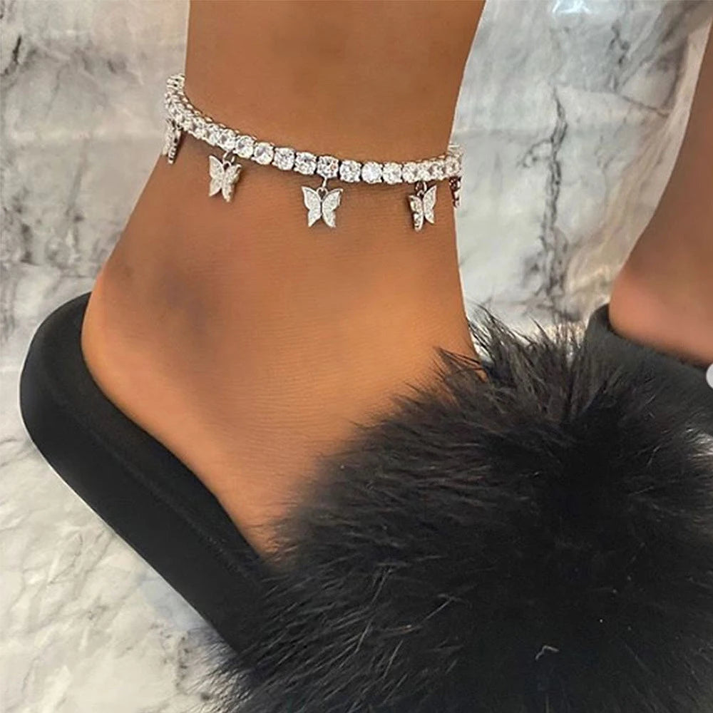 2024 Butterfly Anklet Rhinestone Tennis Chain Foot Chain Jewelry For Women Summer Beach Anklet Butterfly Barefoot Chain