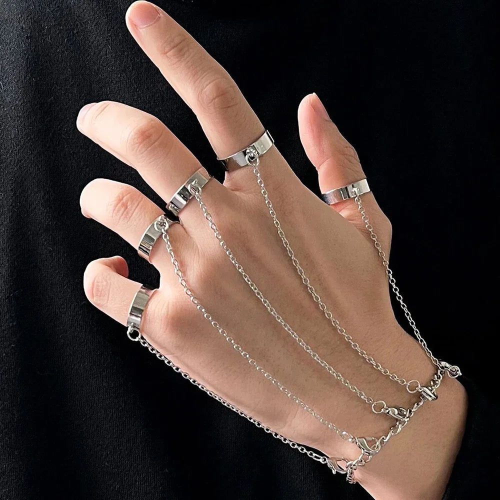 New Silver Color Chain Wrist Rings Charm Hip Hop  Open  Set Couple for Women Men Party Fashion Jewelry 2025 Gifts