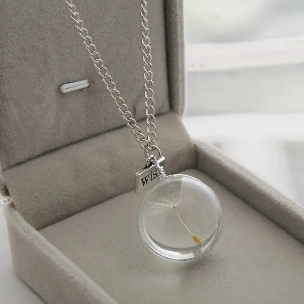 2024 New Fashion Wish Real Dandelion Crystal Glass Round Pendants Necklace Choker for Women Jewelry Gifts