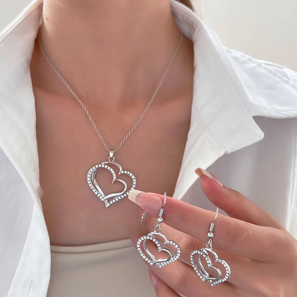 2024 Fashion Exquisite Double Heart Necklace Earrings Jewelry Set Charm Bridal Accessory  for Women Romantic Gifts