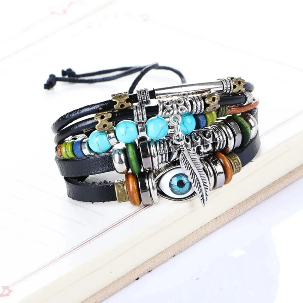 Fashion Tibet Stone Feather Multilayer Leather Bracelet Eye Fish Charms Beads Men Bracelets Vintage Punk Wrap Wristband Gifts