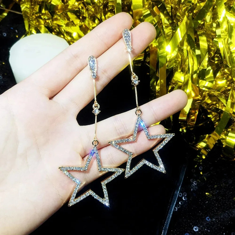 2024 New Crystal Rhinestone Hollow Five-pointed Star Hanging Drop Earrings for Women Fashion Jewelry Gifts