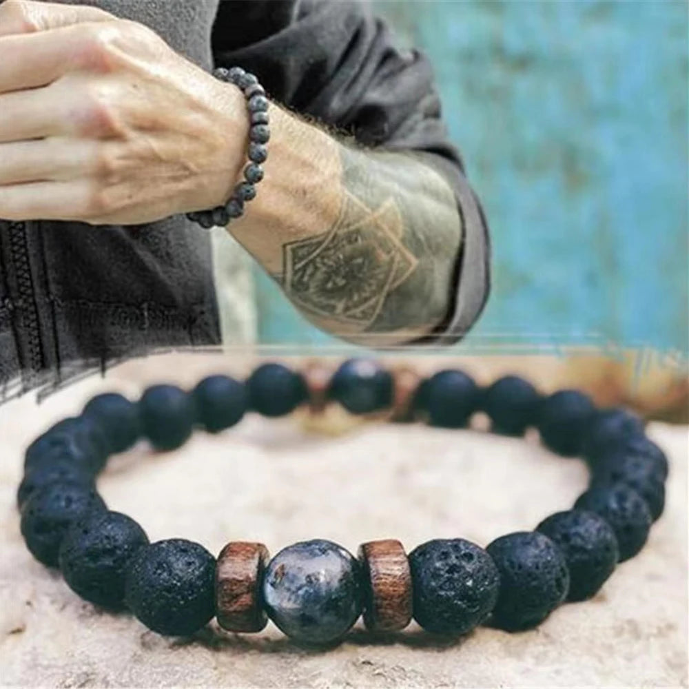 New Volcanic Stone Lava Wooden 8mm Beads Tibetan Buddha Wrist Chain Bracelet for Men Women Fashion Jewelry Gifts