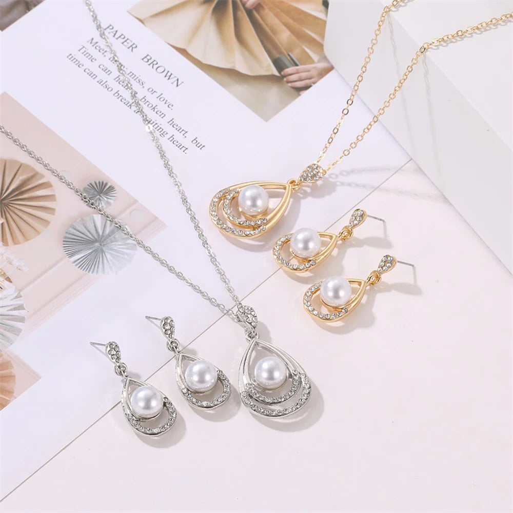 2024 New Elegant Simulated Pearl Bridal Jewelry Sets Wedding  Silver Color Necklaces/Earrings Wholesale