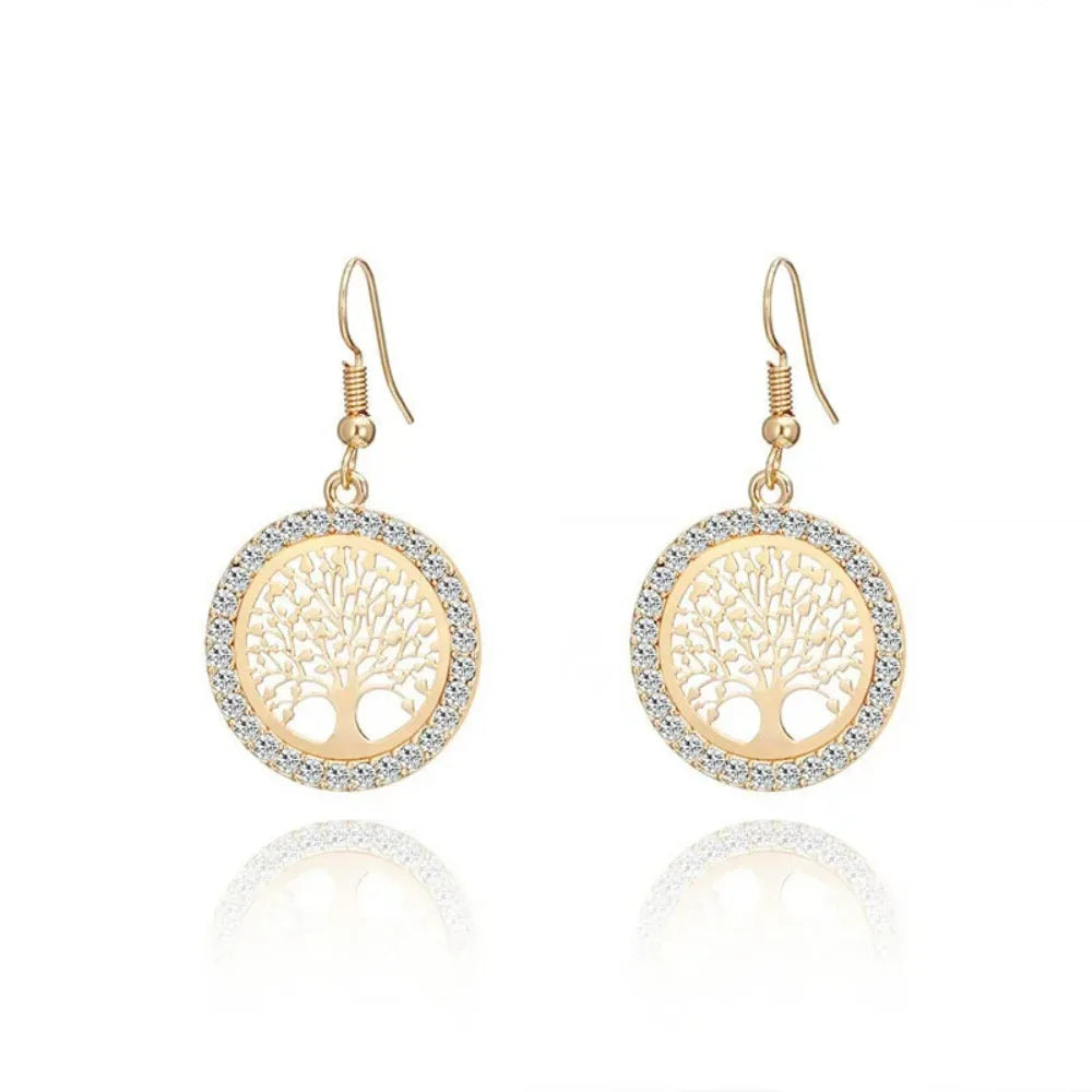 2024 New Fashion Crystal Drop Earrings Women Hollow Out Tree Of Life Pattern Round Earring Moda Mujer Jewelry Gifts