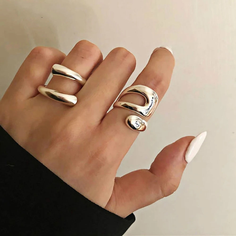 New Fashion Minimalist Silver Color Rings Creative Hollow Irregular Geometric Birthday for Women 2024 Party Jewelry Gifts