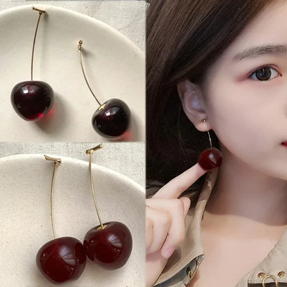 SUEMNG 2025 New Cute Cherry Fruit Acrylic Earrings Fashionable Resin Cherry Earrings for Women Korean Jewelry Trendy Accessories