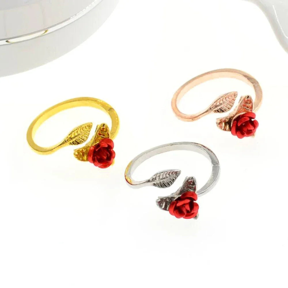 2024 New Fashion Red Rose Flower Leaves Resizable Finger Rings  Wedding Engagement for Women Jewelry Gifts