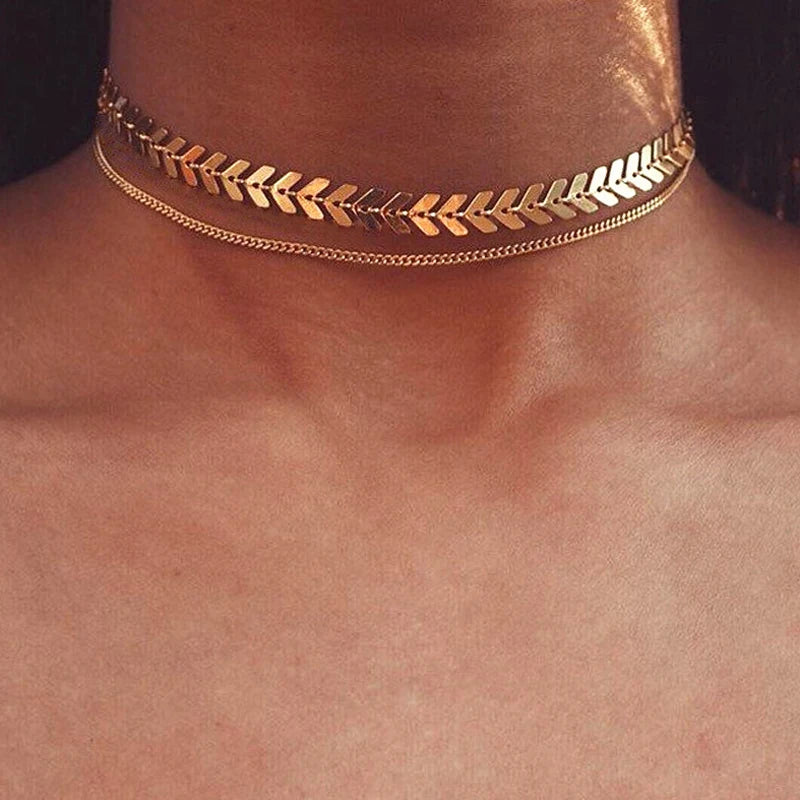 2024 New Chain Choker Two Layers Necklaces Fishbone Airplane Shape Gold Color Necklace Flat  Jewelry