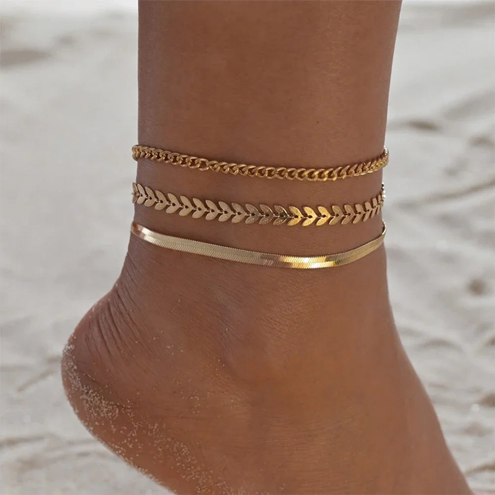 2024 New 3pcs/set Gold Color Simple Chain Anklets For Women Beach Foot Jewelry Leg  Ankle Bracelets Accessories