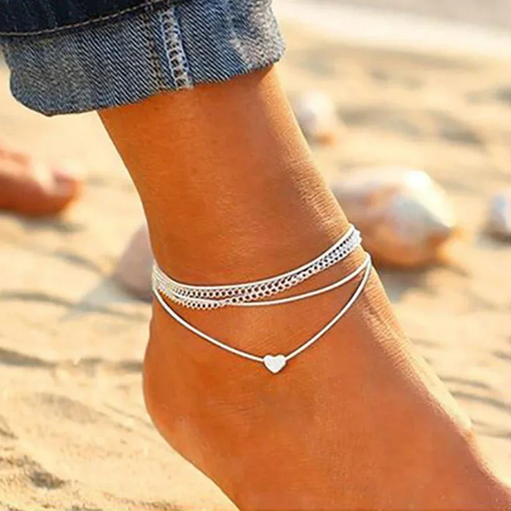 2025 Bohemian Silver Color Heart Anklet Bracelet On The Leg For Women Beach Foot Jewelry