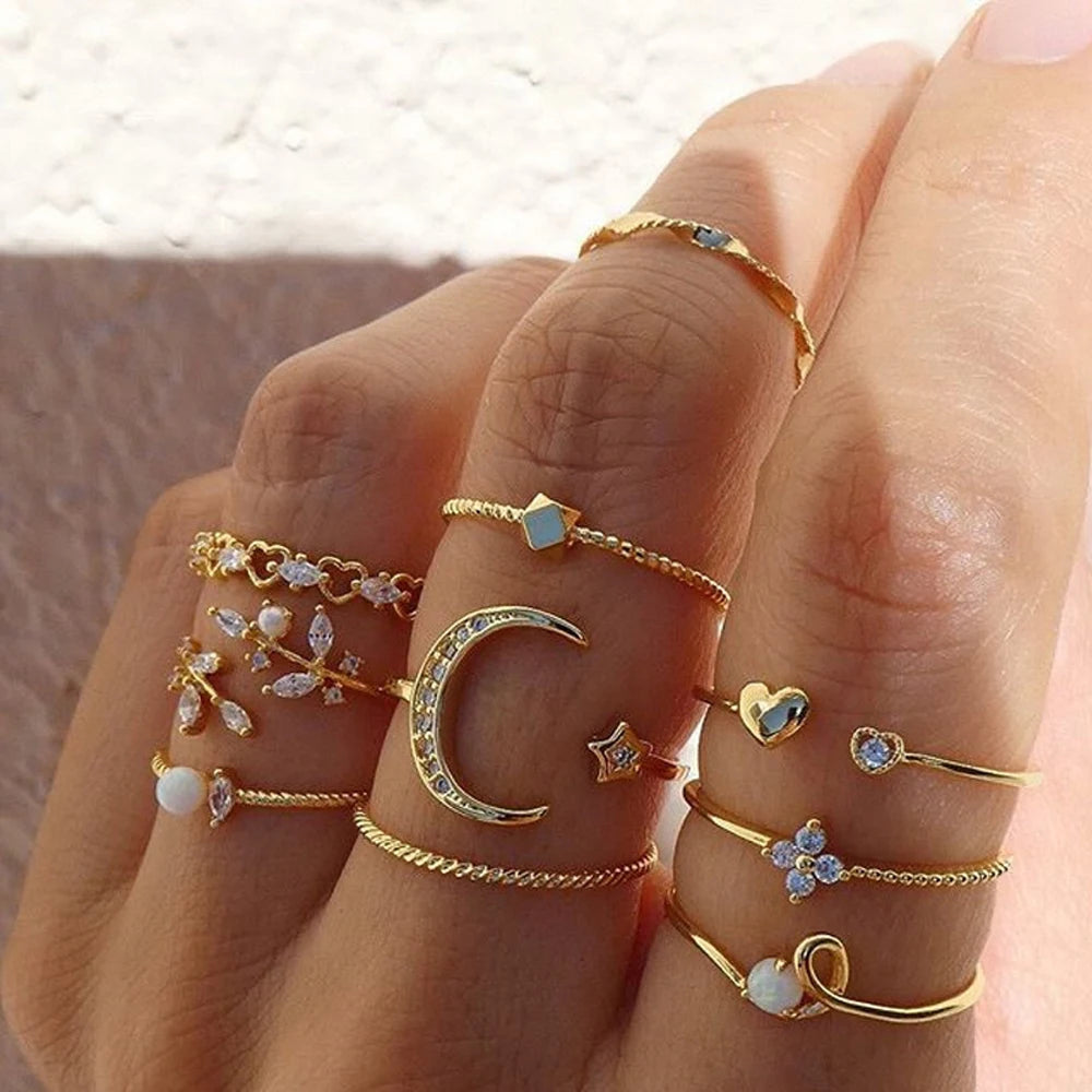 10Pcs/Set New Bohemian Gold Color Chain Rings Set Boho Coin Snake Moon  Party for Women 2024 Fashion Jewelry Gifts