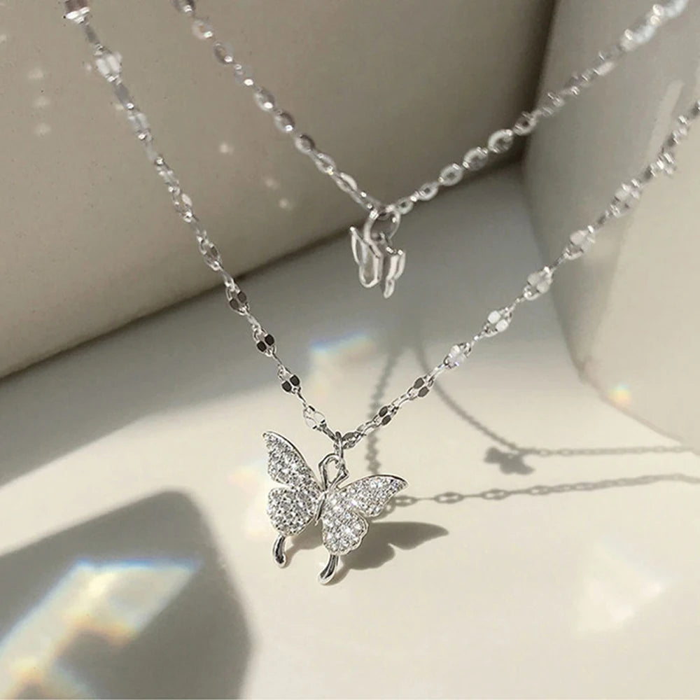 2024 New Fashion Shiny Multilayered Butterfly Necklace Exquisite Double Layer Clavicle Chain  Jewelry For Women