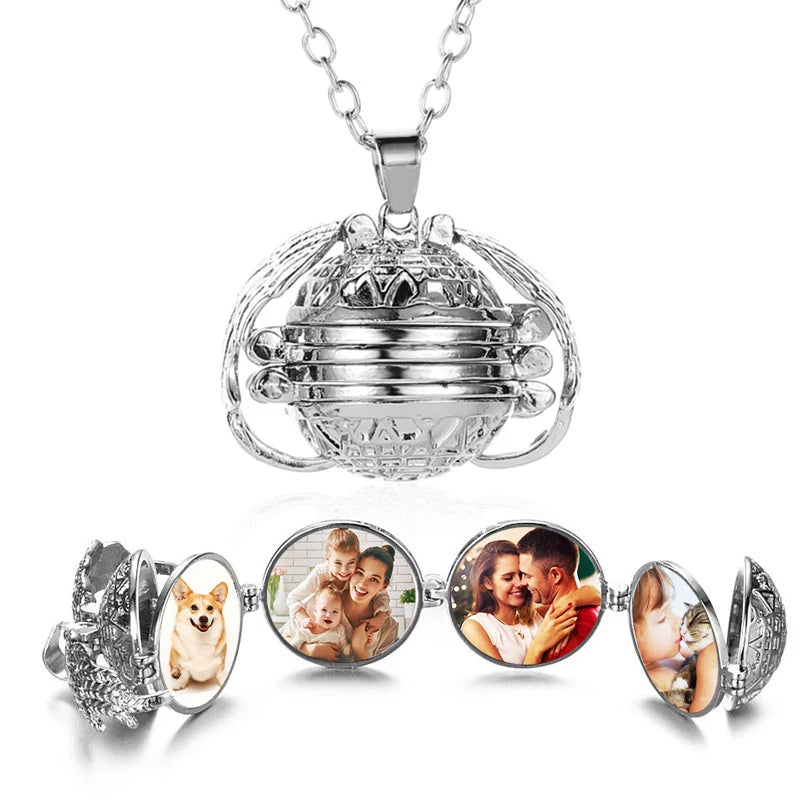 New Arrival 2024 Fashion Magic 4 Photo Pendant Memory Floating Locket Necklace Angel Wings Flash Box  Album